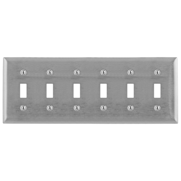 Hubbell Wiring Device-Kellems Wallplates and Boxes, Metallic Plates, 6- Gang, 6) Toggle Openings, Standard Size, Stainless Steel SS6